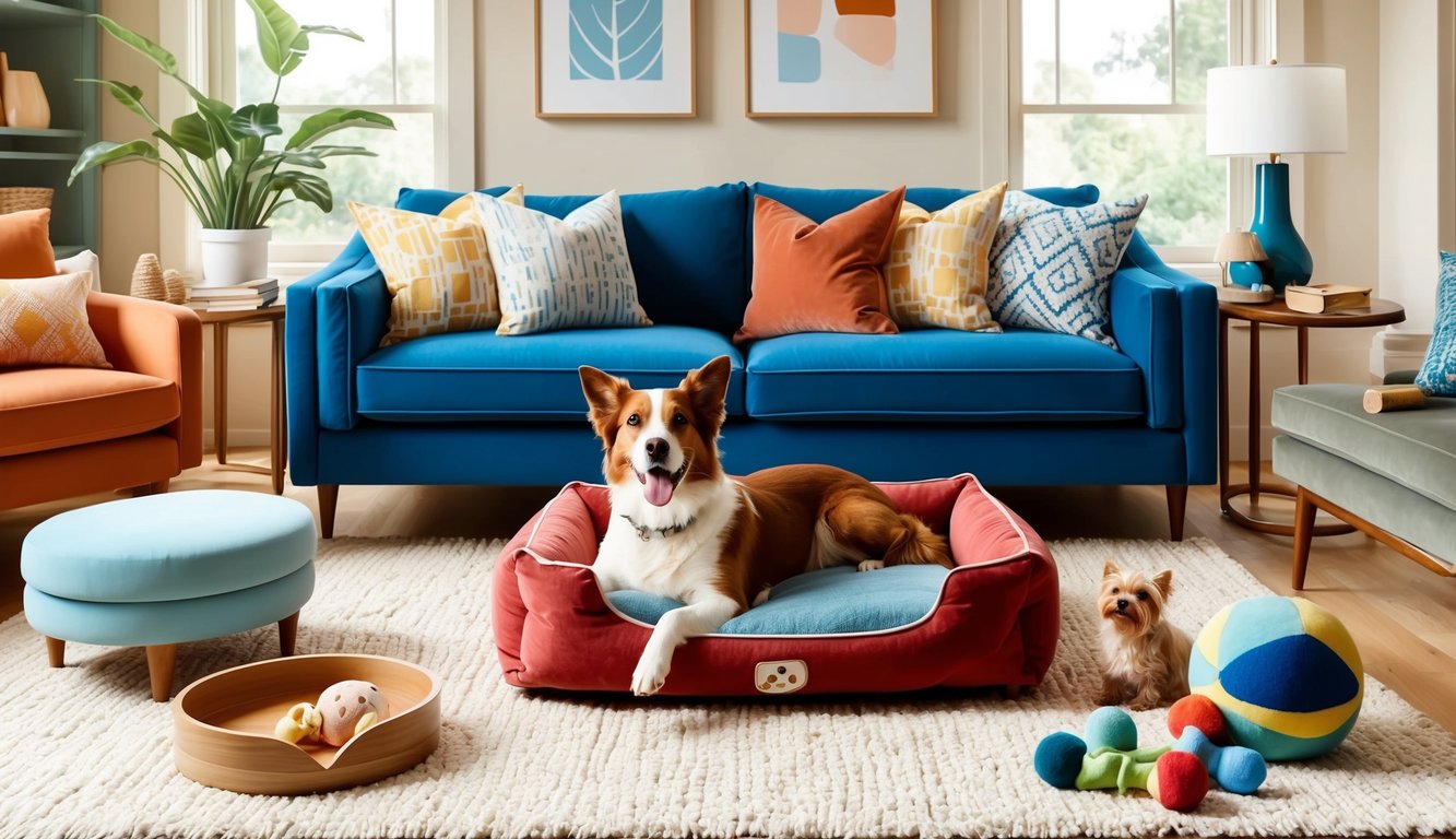 Dog in a red bed, small dog, and toys in a colorful living room