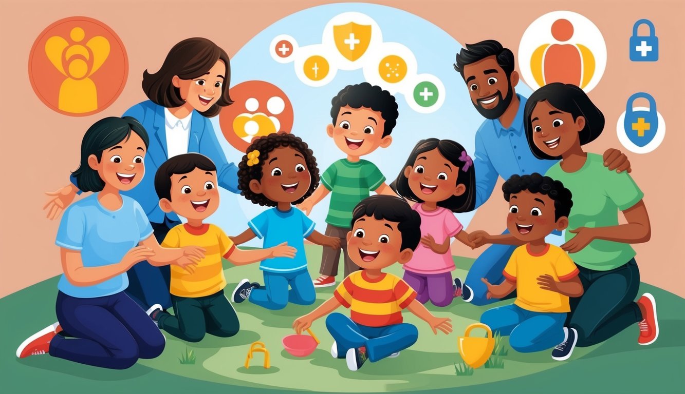 Illustration of children and adults smiling together, with health icons