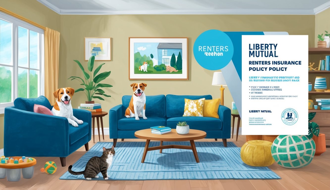 A cozy living room with a playful dog and a curious cat, surrounded by pet-friendly furniture and toys, with a Liberty Mutual renters insurance policy displayed prominently