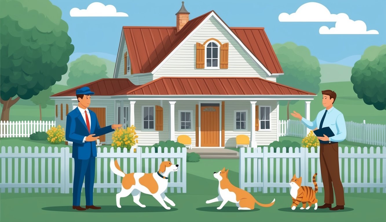 A cozy farmhouse with a fenced yard, a dog and a cat playing together, while a farmer's insurance agent discusses renters insurance options