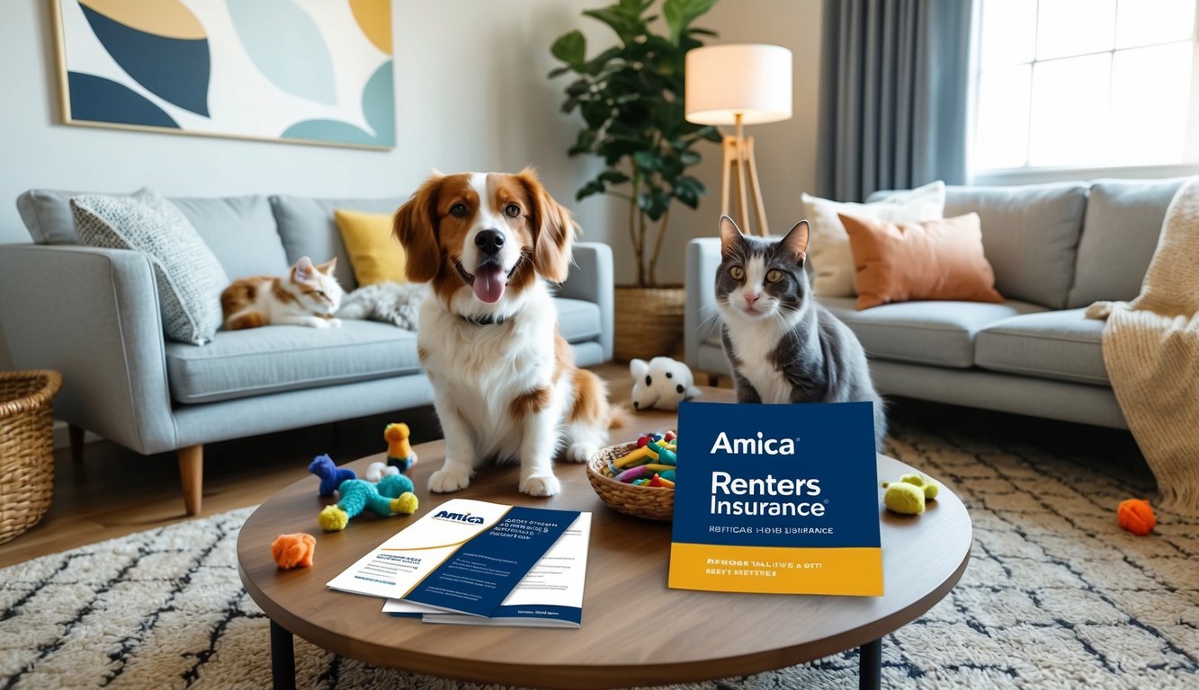 A cozy living room with a playful dog and cat, scattered pet toys, and a stylish Amica Renters Insurance brochure on the coffee table