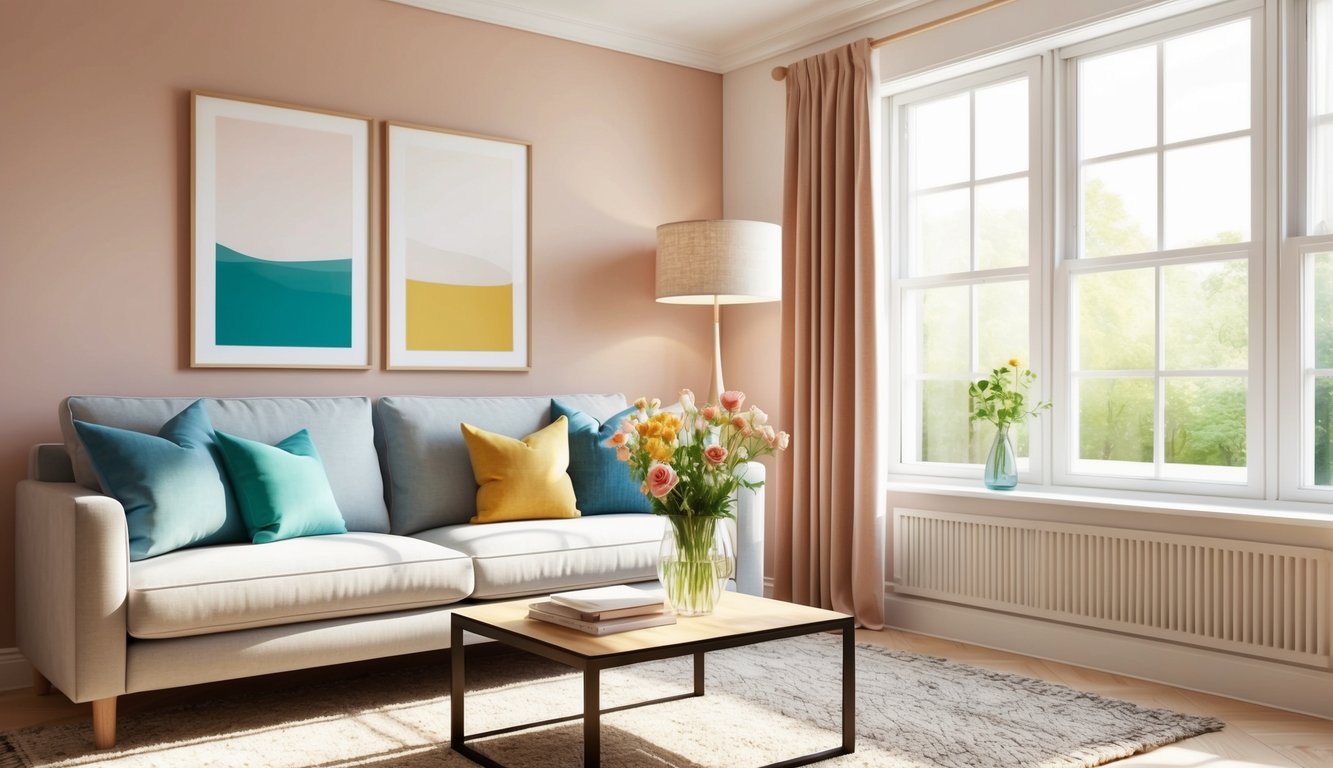 Living room with sofa, coffee table, art, and large windows