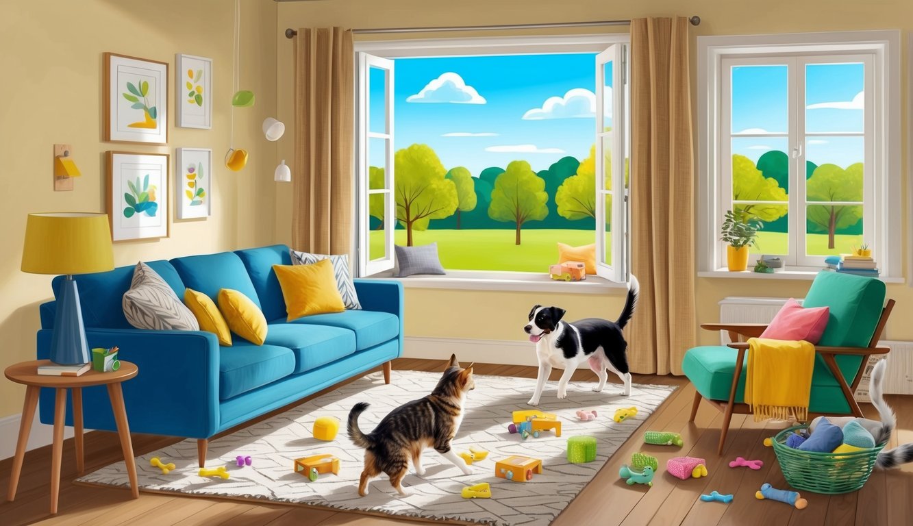 A cozy living room with a playful dog and cat, scattered toys, and pet-friendly furniture.</p><p>A sunny window overlooks a green park