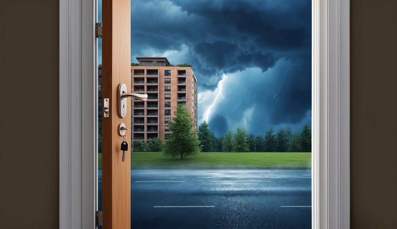 An open apartment door with a key in the lock, while a storm rages outside