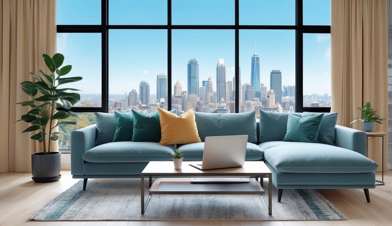 A cozy living room with a modern sofa, coffee table, and large window overlooking a city skyline.</p><p>A plant sits in the corner, and a laptop is open on the table