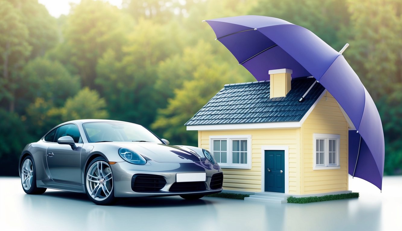 Silver car and yellow house protected by a purple umbrella