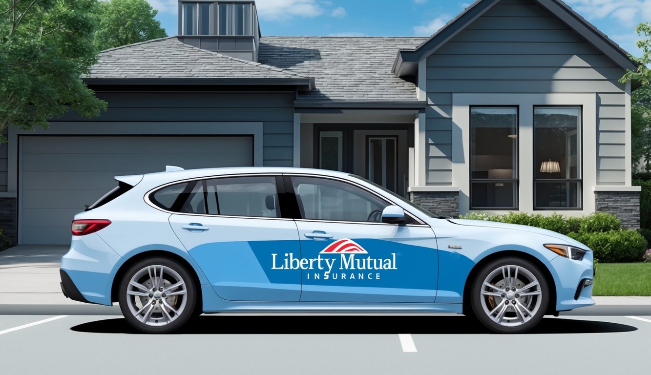 A car parked in front of a modern house with a Liberty Mutual insurance logo displayed prominently on the vehicle