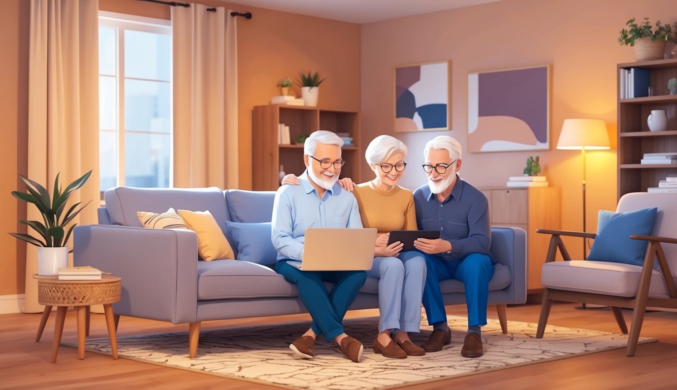 Three older adults on a couch looking at a laptop and tablet