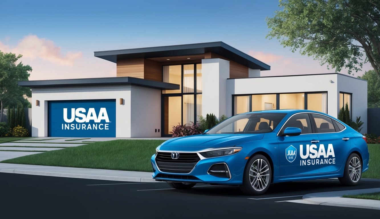 A car parked in front of a modern home with a USAA insurance logo displayed on the car and house