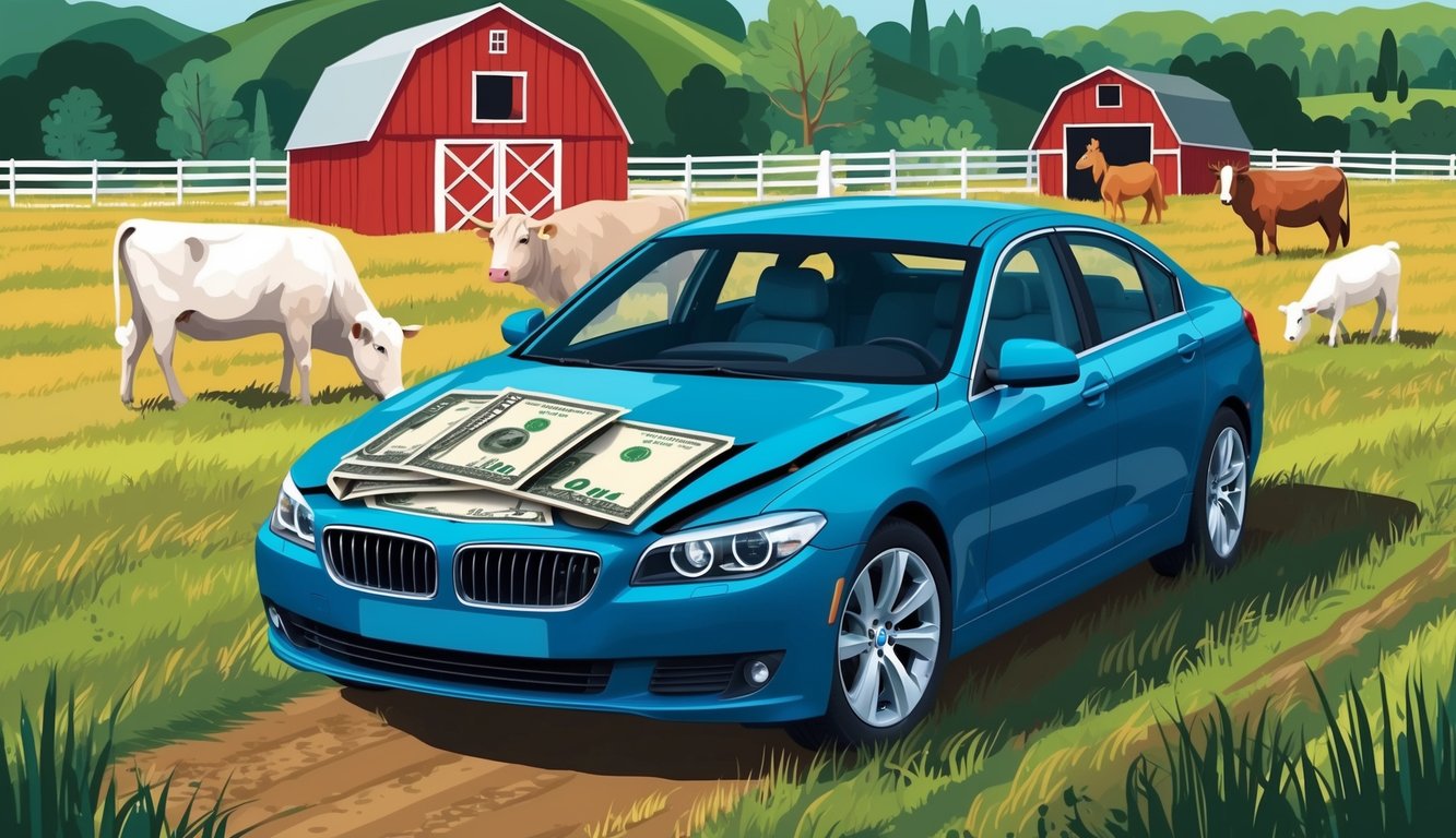 A car with a damaged credit score sits in a field, surrounded by farm animals and a barn