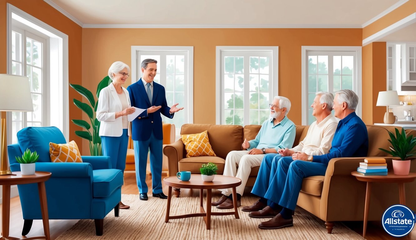 A cozy living room with a senior couple discussing insurance options with an Allstate agent.</p><p>A warm and inviting atmosphere with comfortable furniture and friendly conversation