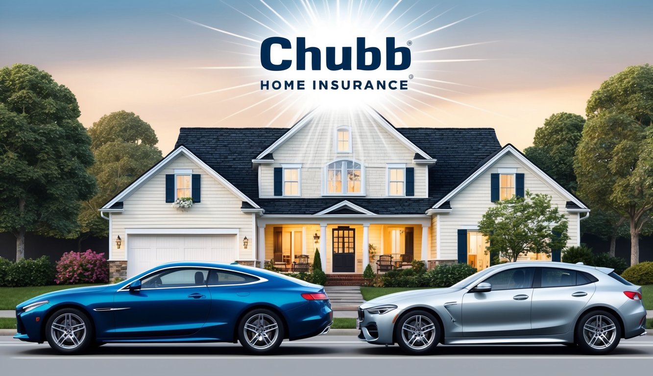 A cozy home and sleek car side by side, with a shining Chubb Home Insurance logo above