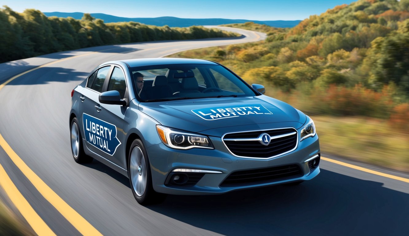 A car driving smoothly down a scenic road, with a Liberty Mutual logo prominently displayed on the vehicle