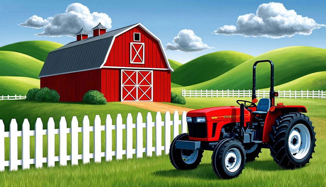 A red barn with a white picket fence, surrounded by rolling green hills and a blue sky with fluffy clouds.</p><p>A red tractor sits in the foreground