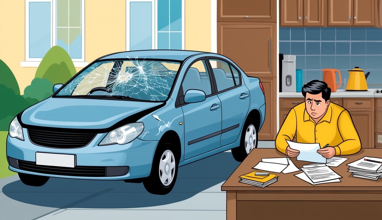 A car with a cracked windshield and dented body sits in a driveway, while a worried-looking individual reviews paperwork at a cluttered kitchen table