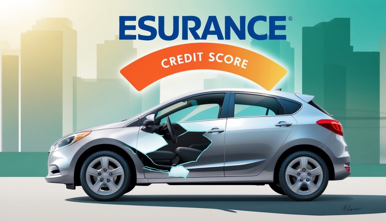 A car with a damaged credit score and a shining Esurance logo above it