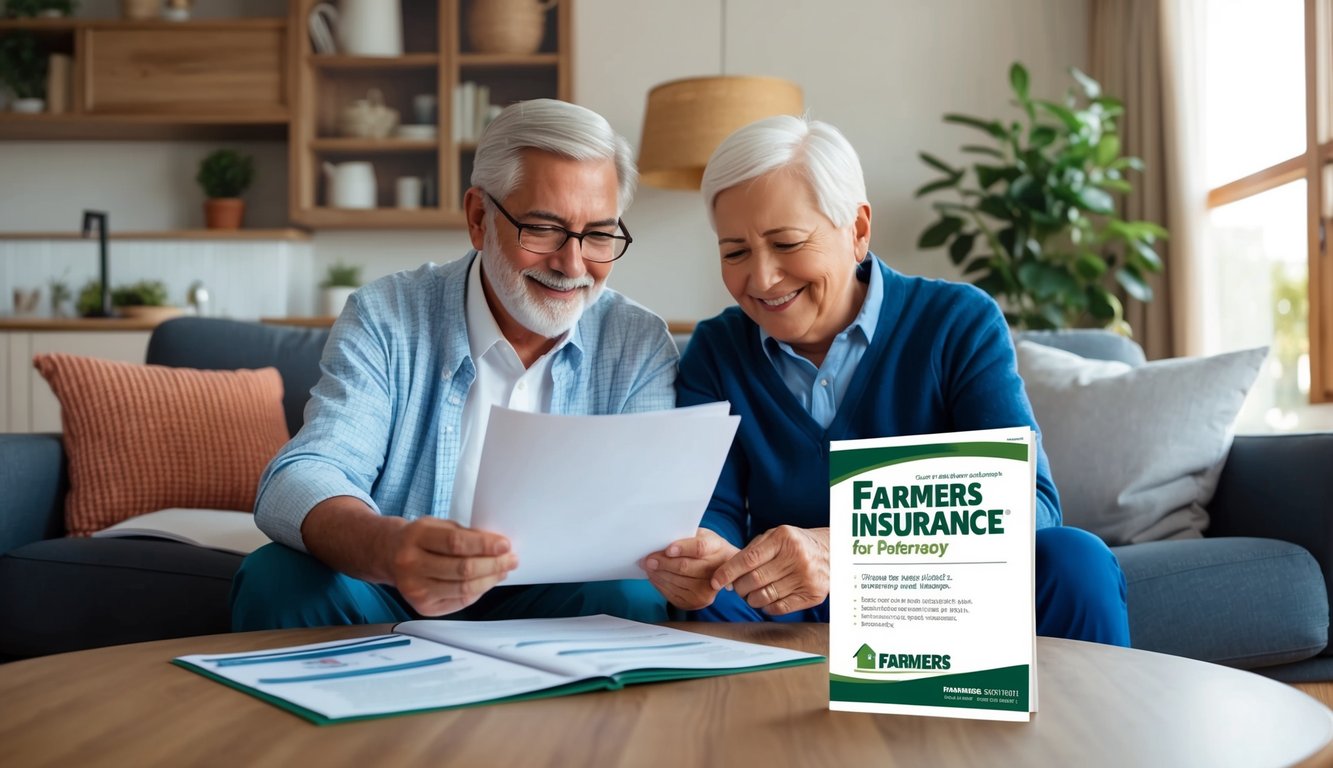 A cozy living room with a senior couple reviewing paperwork.</p><p>A Farmers Insurance brochure sits on the coffee table