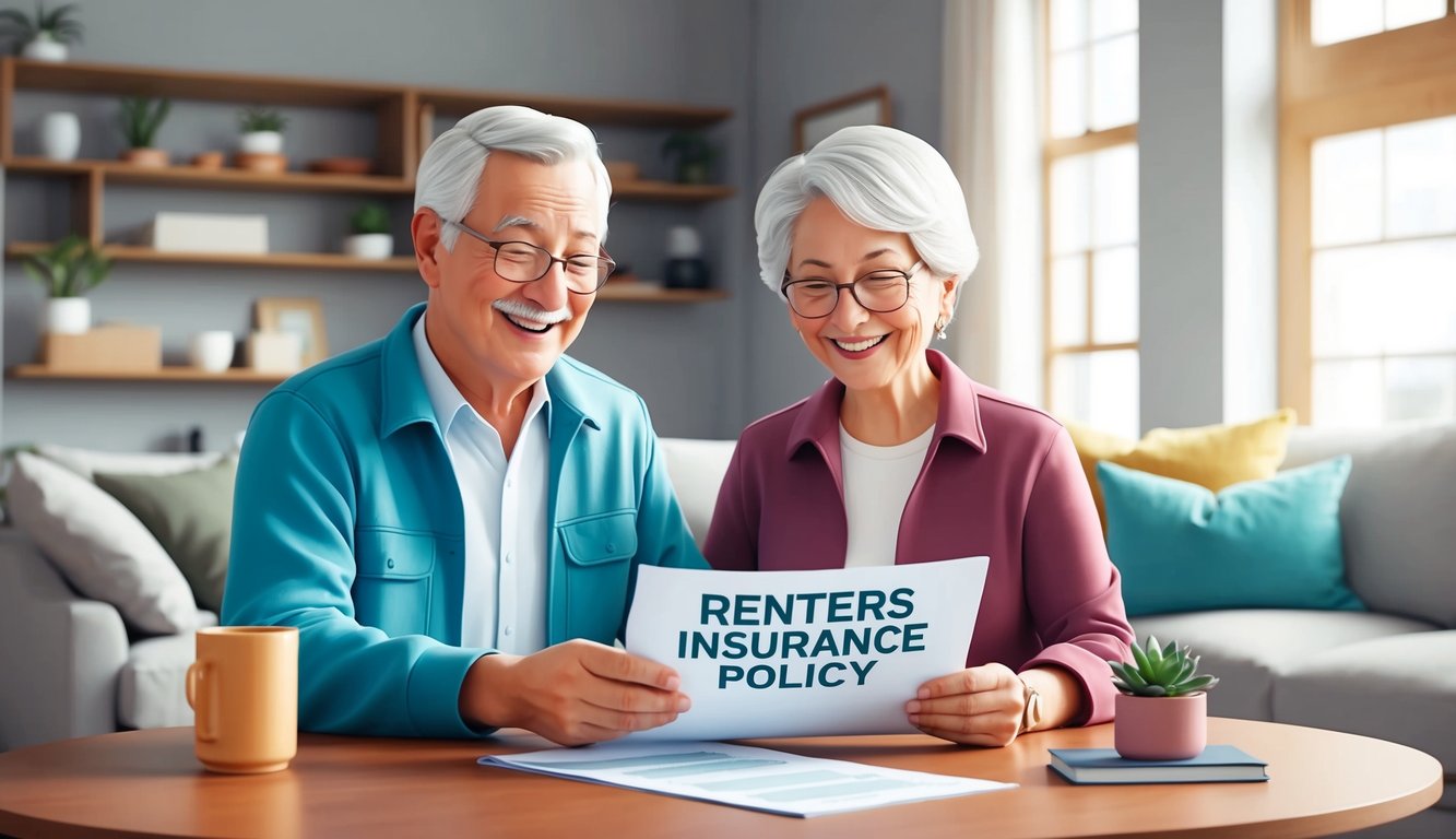 A senior couple happily reviewing their new renters insurance policy while sitting at their cozy living room table