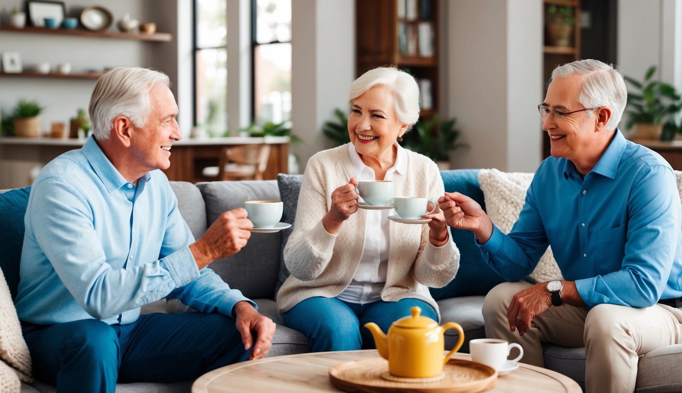 A cozy living room with a senior couple enjoying a cup of tea while discussing their renters insurance options with a friendly Hartford representative