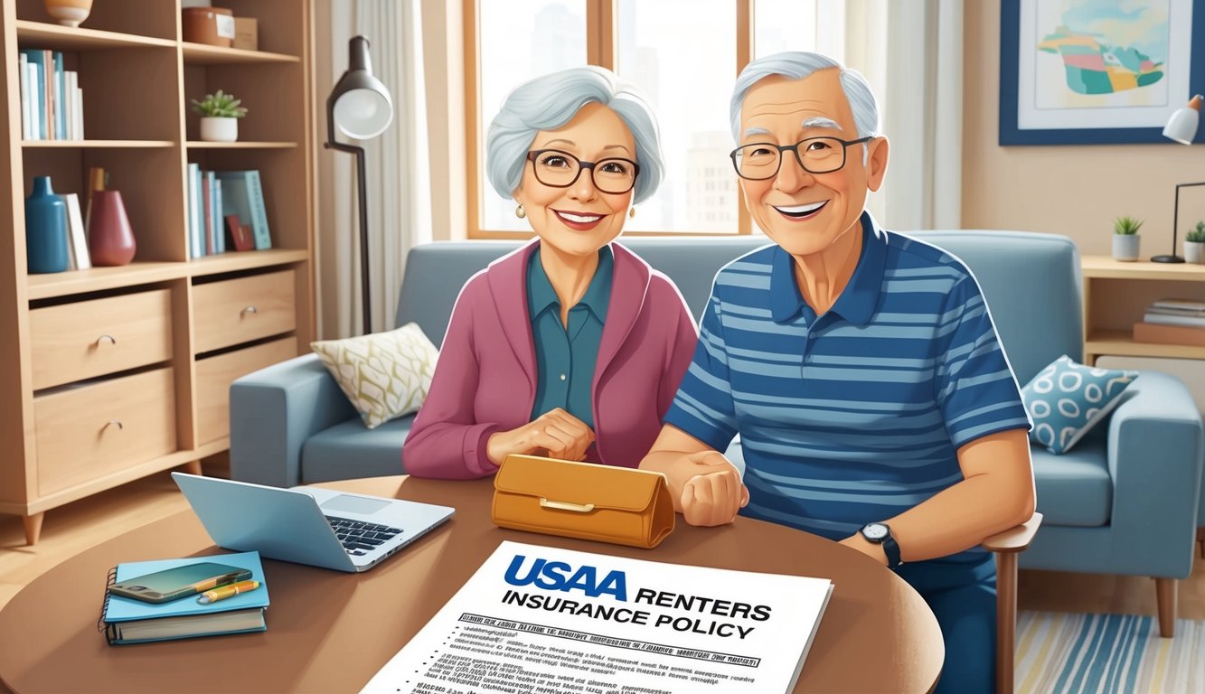 A senior couple in a cozy apartment, surrounded by their belongings.</p><p>A USAA renters insurance policy displayed on a table