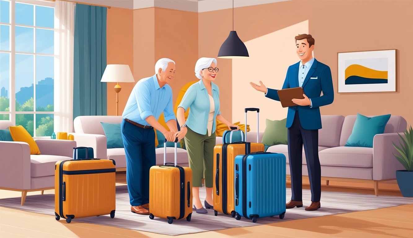 A senior couple unpacking suitcases in a cozy living room, with a smiling agent presenting Travelers Best renters insurance options