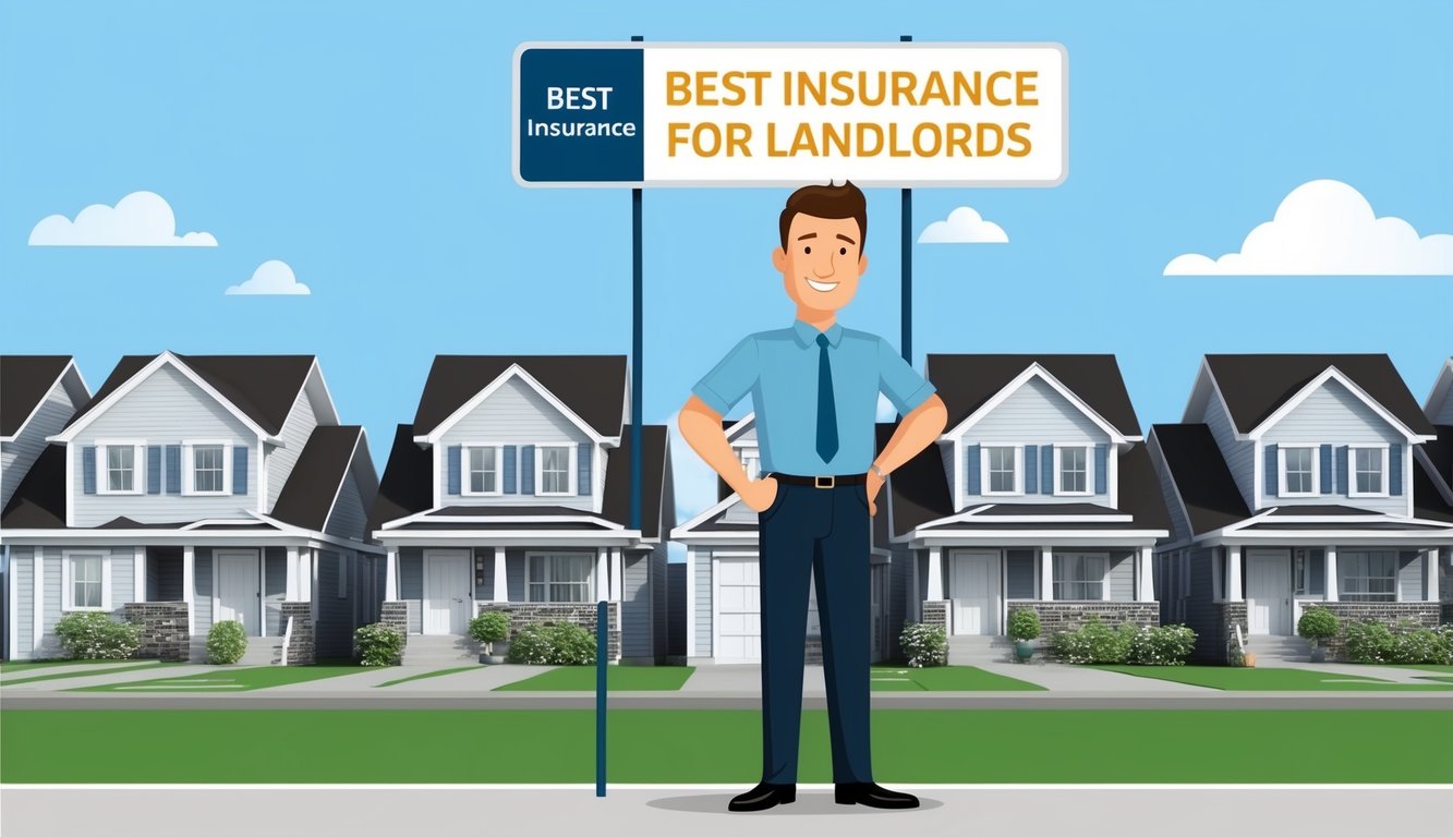 Cartoon man in front of houses, advertising landlord insurance