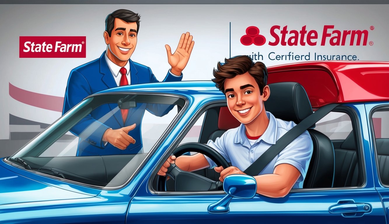 A young driver sits behind the wheel of a shiny car, surrounded by a backdrop of a State Farm logo and a friendly agent offering guidance