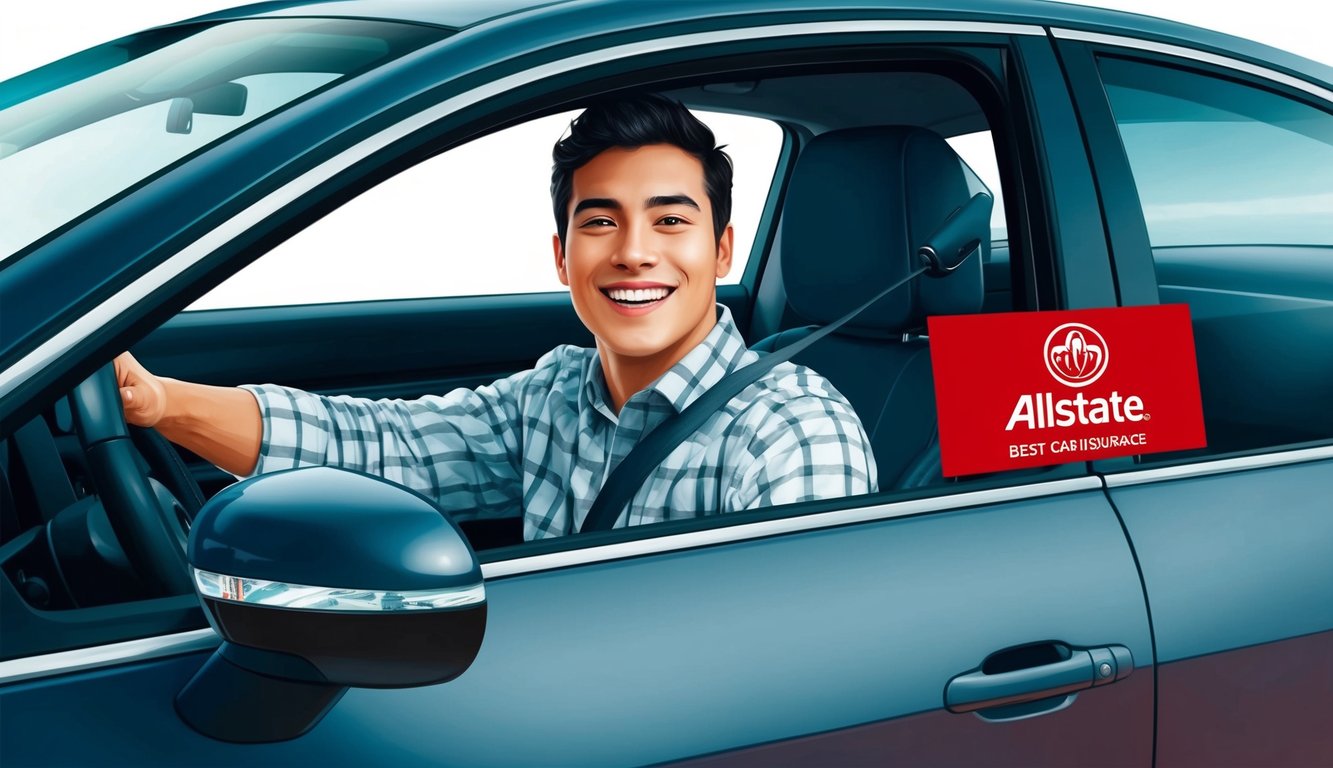 A young driver smiling behind the wheel of a new car, with an Allstate Best car insurance logo displayed prominently on the vehicle