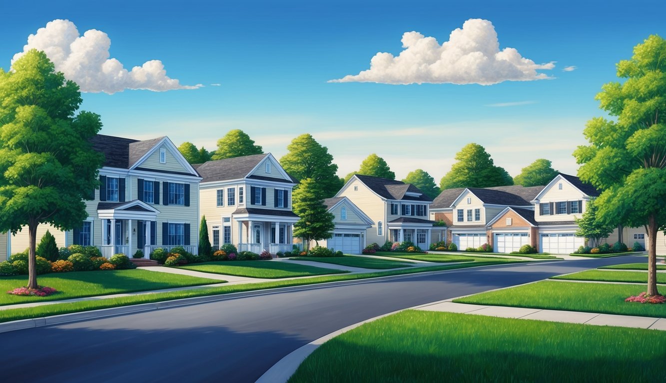 Row of houses with green lawns, trees, and a blue sky