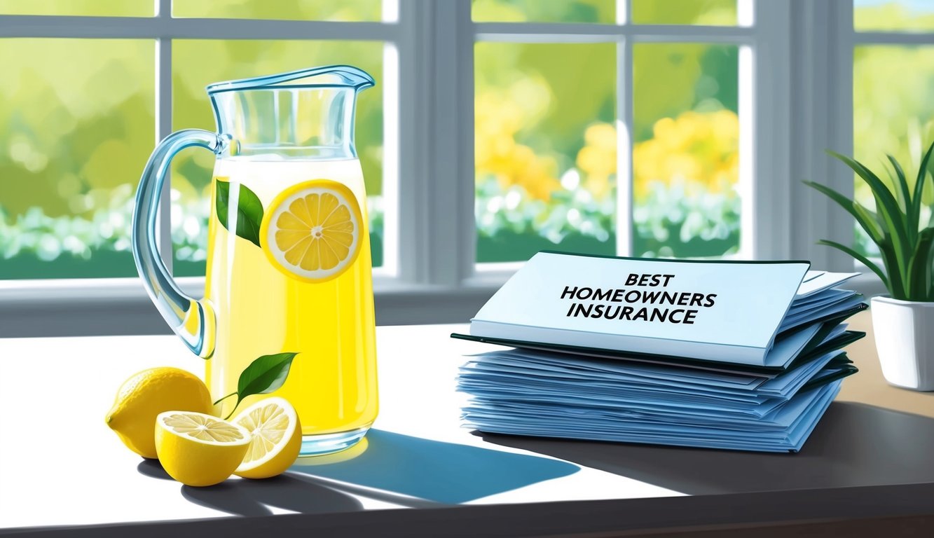 A pitcher of lemonade sits on a table next to a stack of paperwork labeled "Best homeowners insurance." A sunny, inviting atmosphere suggests peace of mind