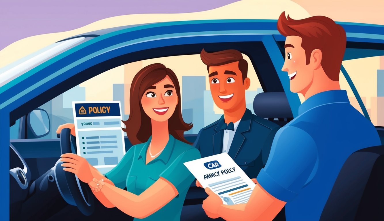 A young driver receiving a car insurance policy from an American family agent