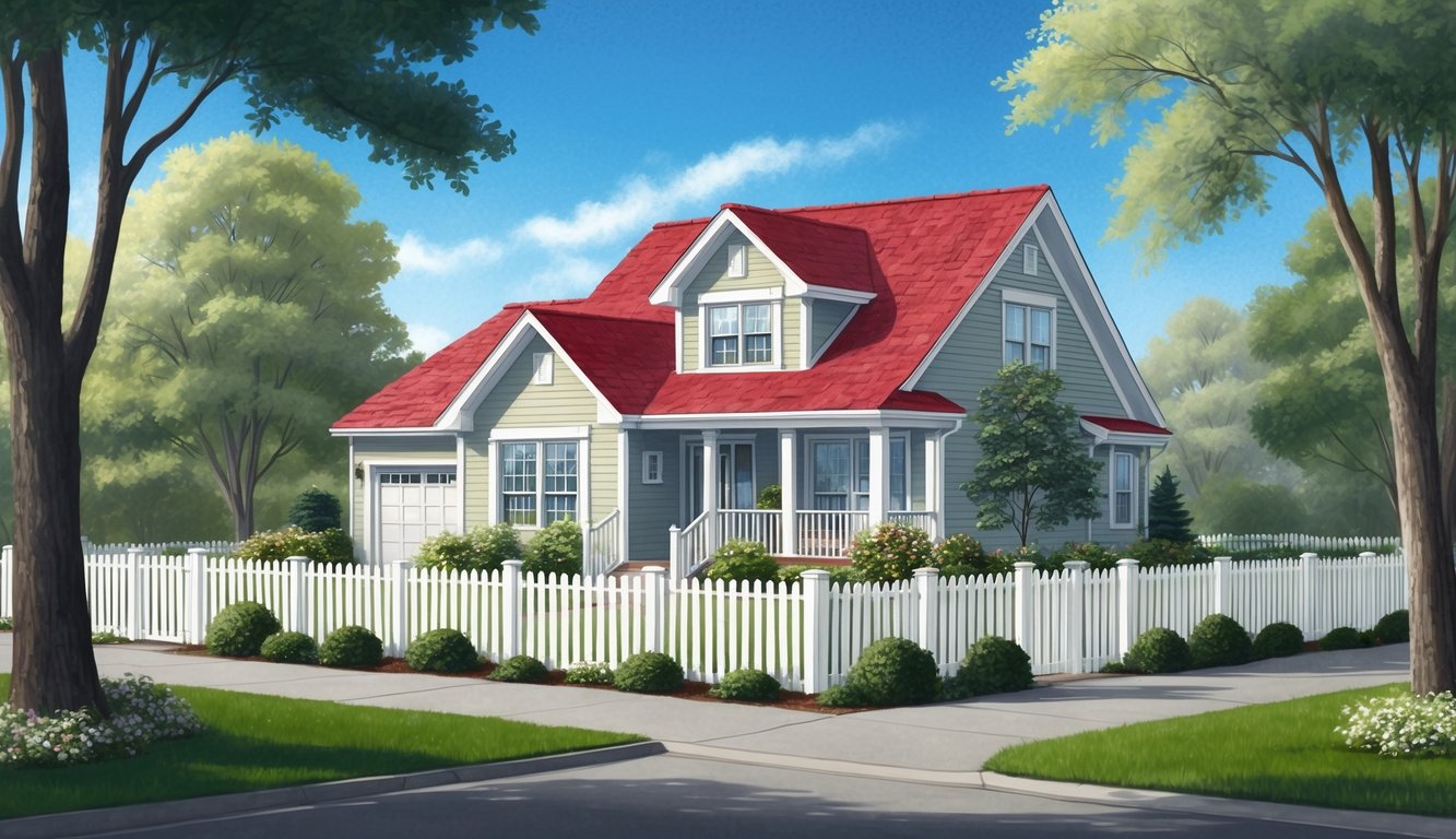 A cozy suburban home nestled among trees, with a picket fence and a red roof, under a clear blue sky