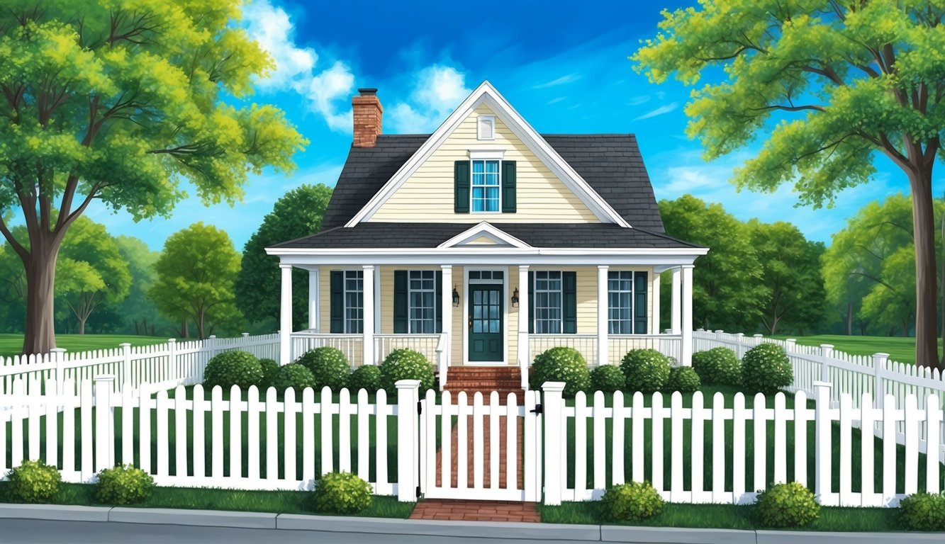 A cozy home with a white picket fence surrounded by lush green trees and a bright blue sky overhead