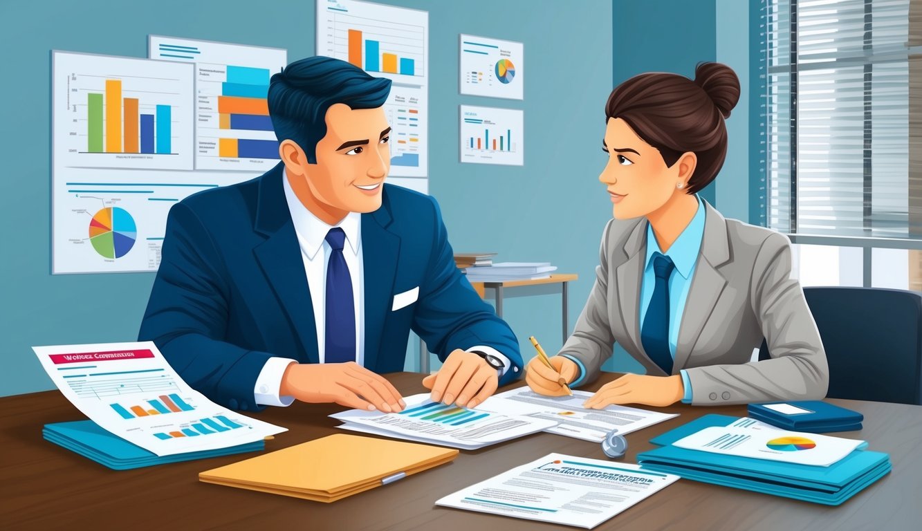 Two business people reviewing documents with charts and graphs