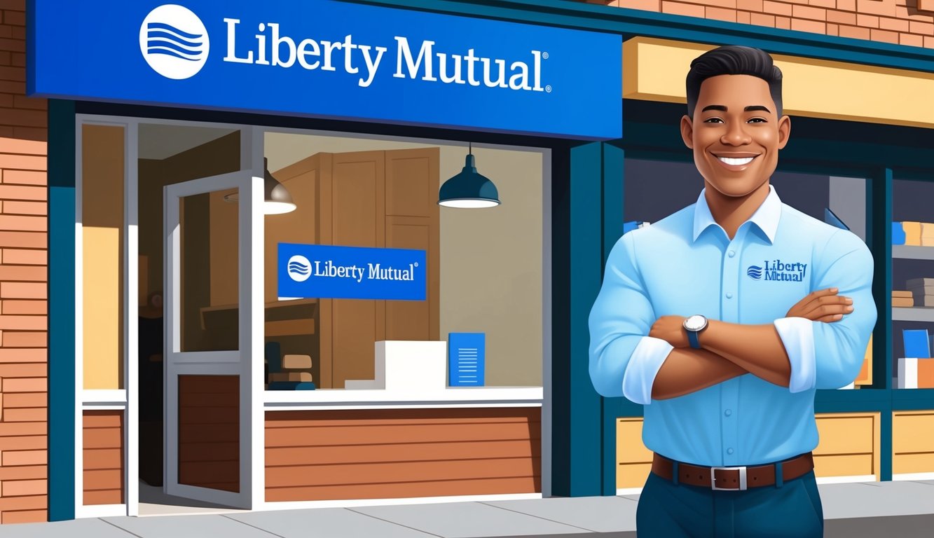 A small business owner smiling confidently while standing in front of their newly opened shop, with the Liberty Mutual logo displayed prominently on the storefront