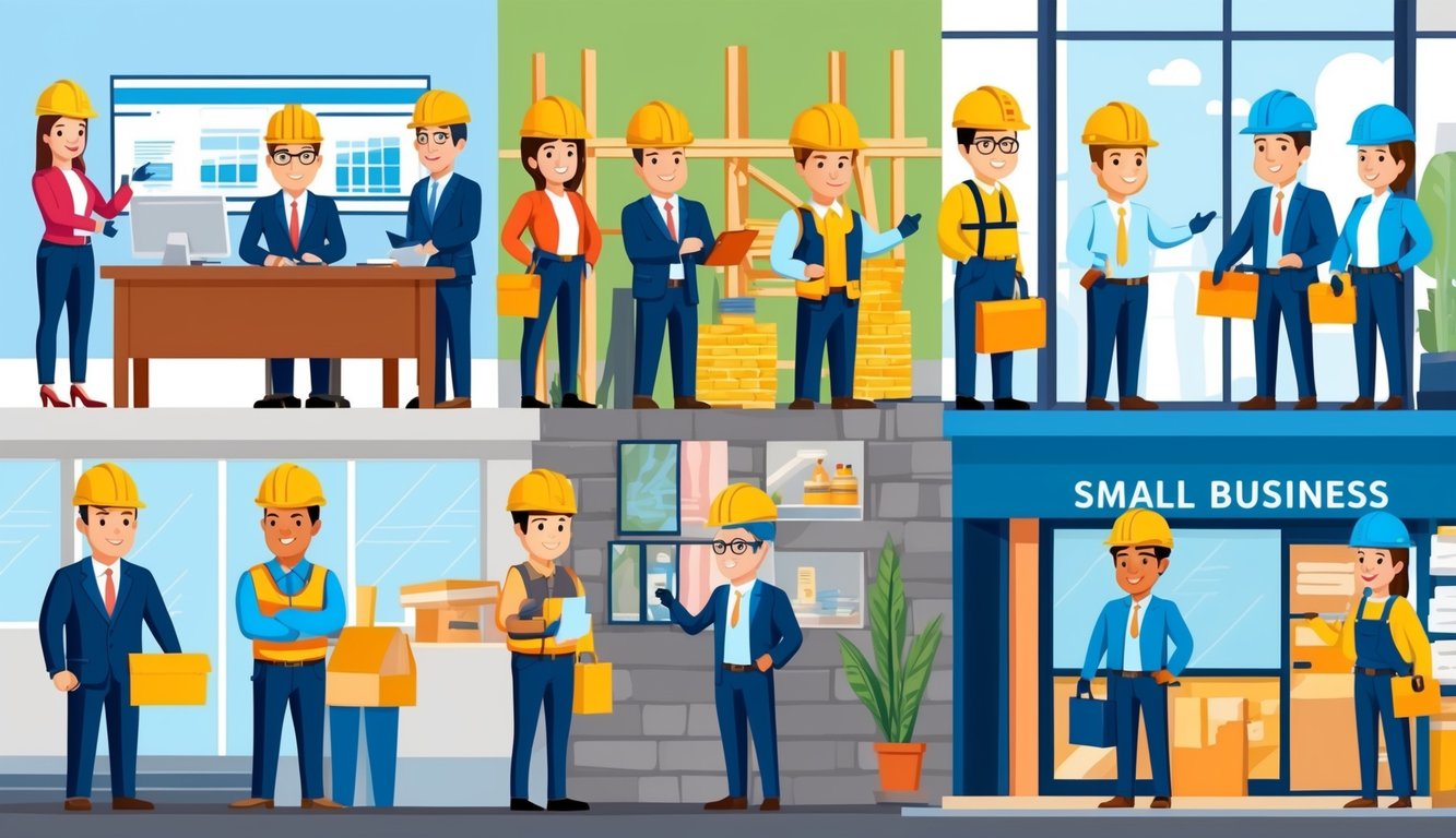 A group of small business workers in various settings, such as an office, construction site, and retail store, all protected by Travelers Workers Compensation insurance