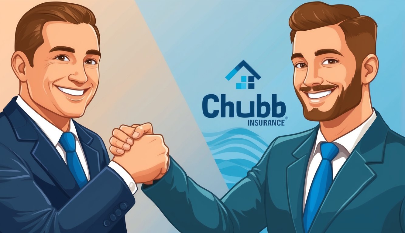 A small business owner shaking hands with a Chubb insurance agent, both smiling confidently