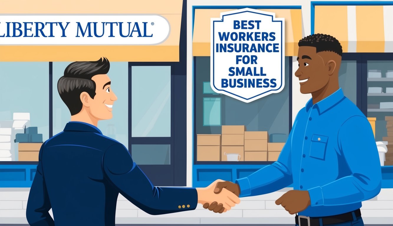 A small business owner shaking hands with a Liberty Mutual representative in front of their storefront, with a sign displaying "Best workers comp insurance for small business" prominently displayed