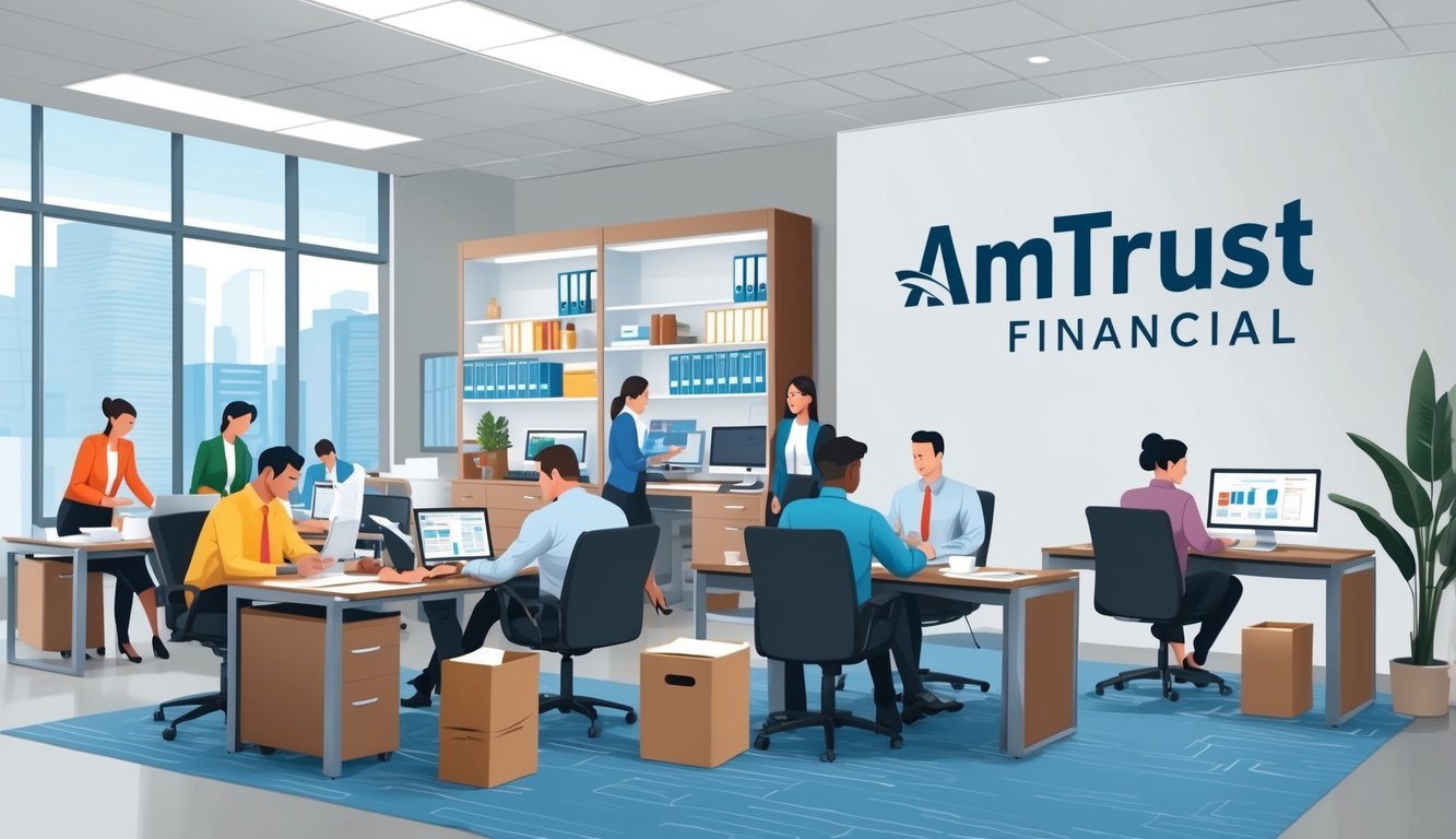 A bustling small business office with employees engaged in various tasks, while a prominent "AmTrust Financial" logo is displayed on the wall