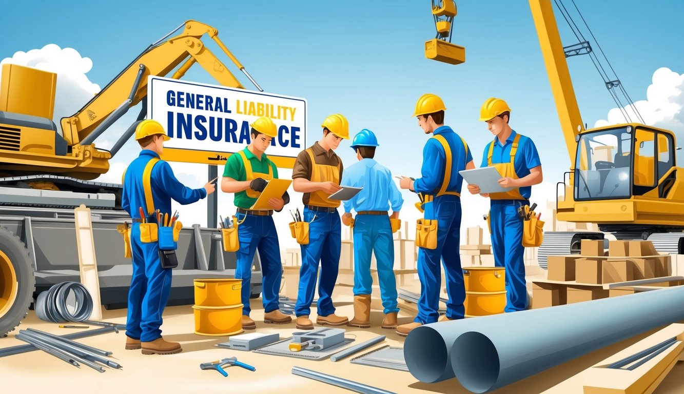 Construction workers with equipment and a sign about general liability insurance