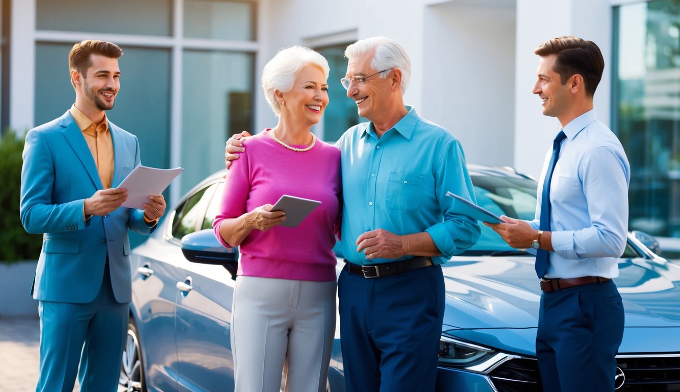 Senior couple with car salesmen, smiling near a new blue car