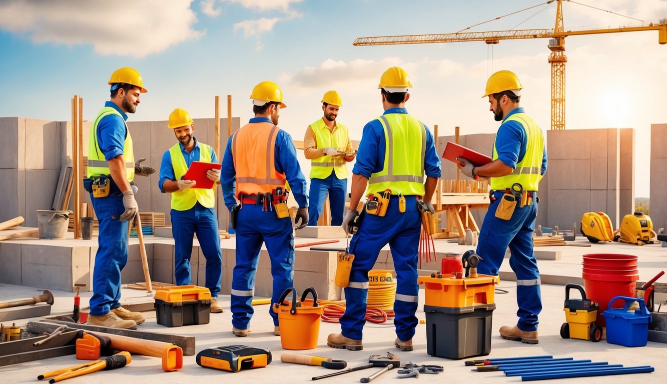 A group of contractors working on a construction site, with various tools and equipment scattered around