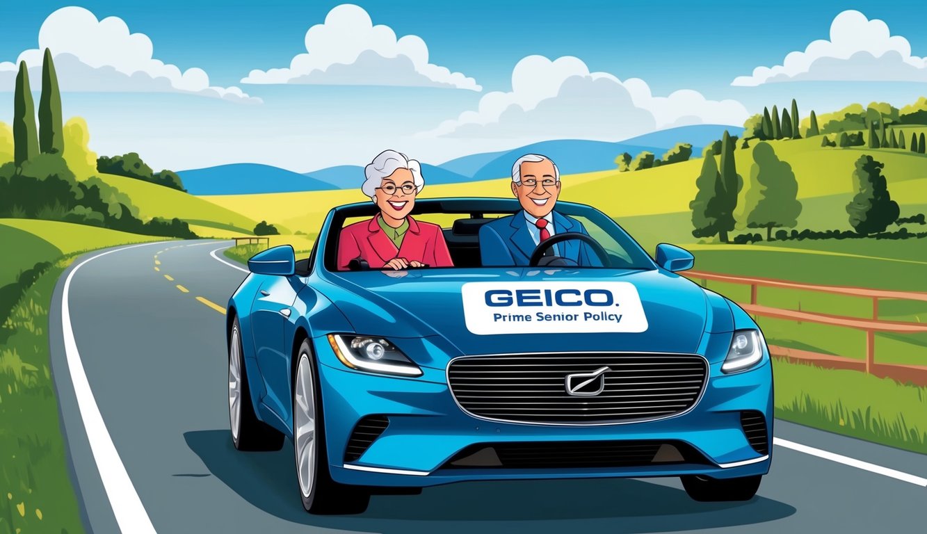 A senior couple driving a sleek car through a scenic countryside, with a GEICO Prime Senior Policy logo displayed on the car's bumper