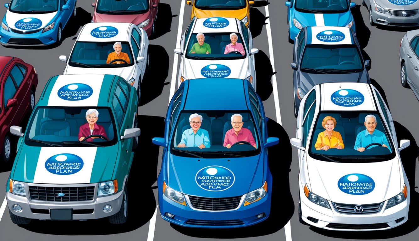 A group of elderly individuals driving various cars, all with the Nationwide Senior Advantage Plan logo prominently displayed on their vehicles