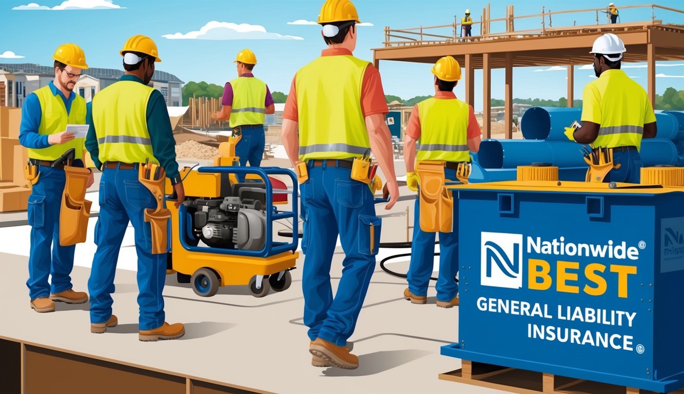 A group of contractors working on various construction projects, with a prominent "Nationwide Best general liability insurance" logo displayed on their equipment