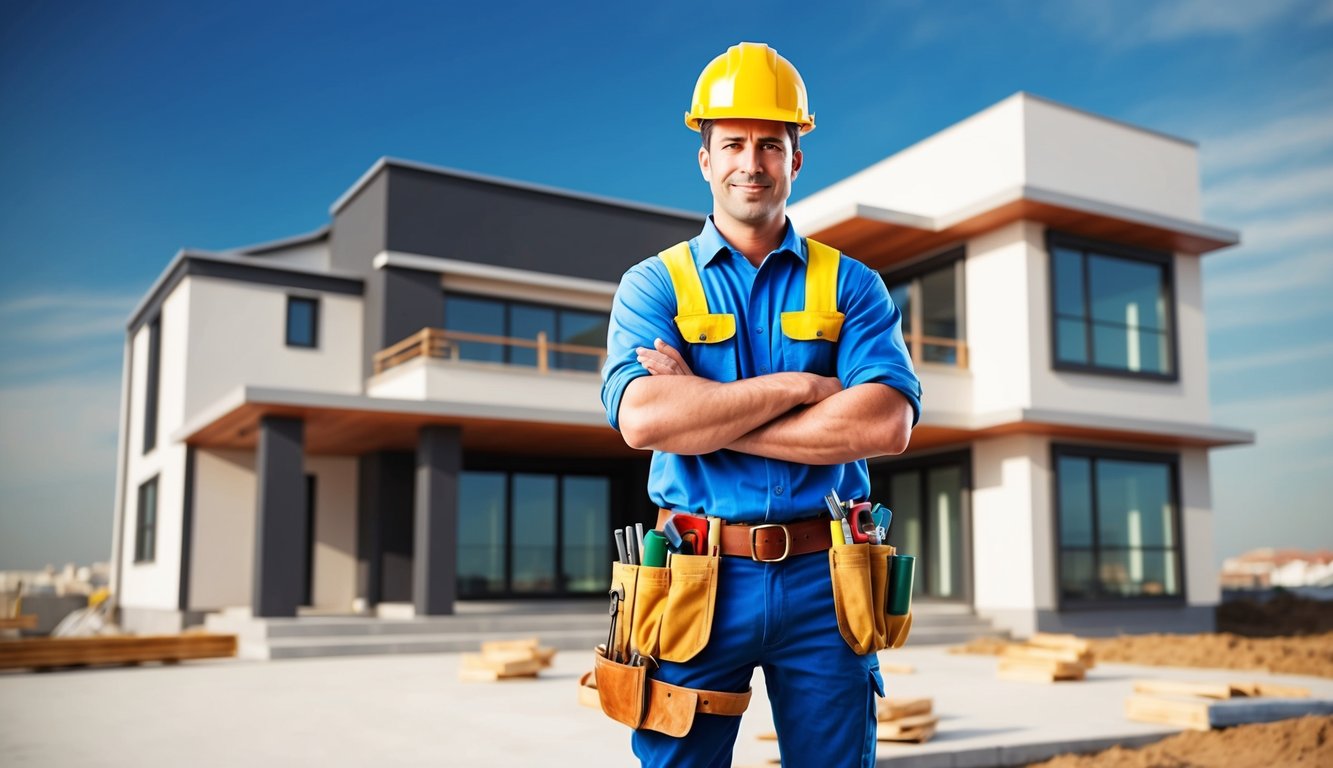 A construction worker wearing a hard hat and tool belt standing confidently in front of a newly completed building