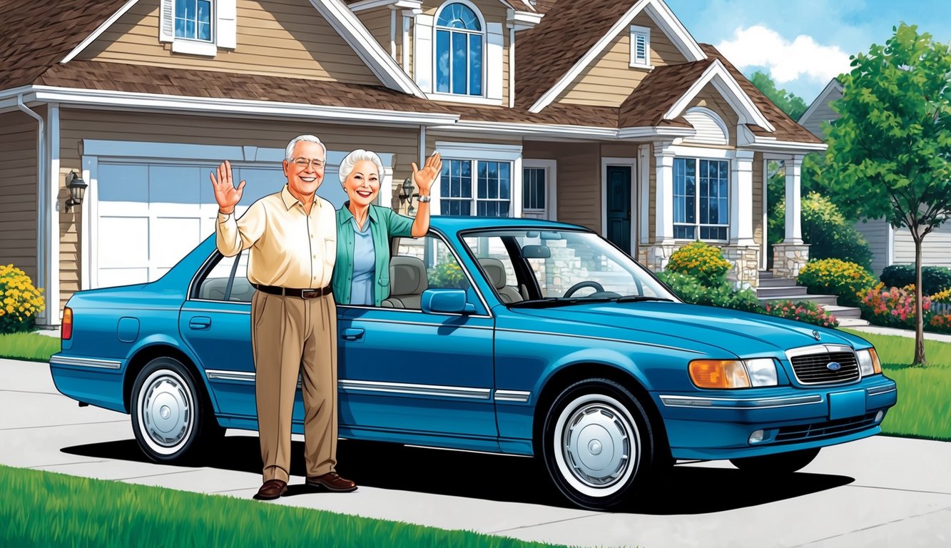 A family car parked in front of a suburban home, with a senior couple standing next to it, smiling and waving