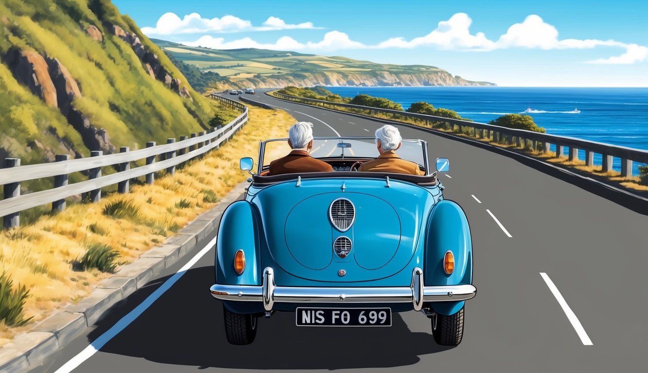 An elderly couple driving a classic car along a scenic coastal road on a sunny day