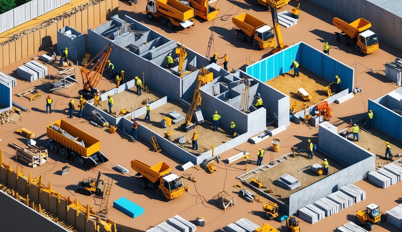 A construction site with multiple contractors working on various projects, surrounded by heavy machinery and materials