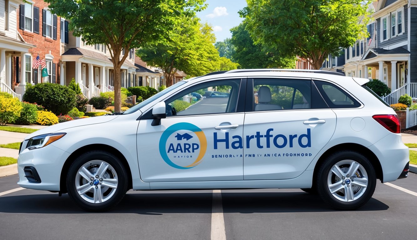 AARP Hartford logo on a car parked in a senior-friendly neighborhood